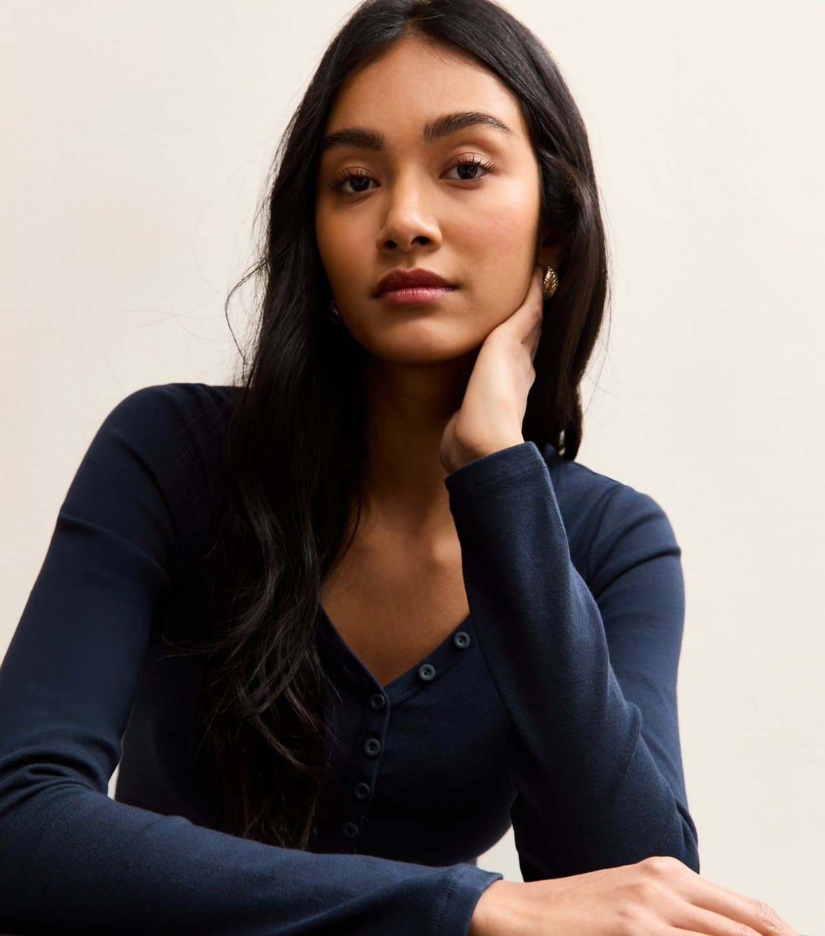 New Look New Look Navy Henley Top in Stretchy Jersey