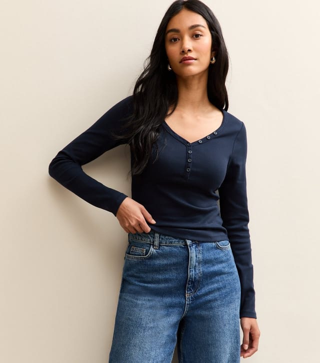 New Look Women's Navy Long Sleeve Henley Top New Look - 2