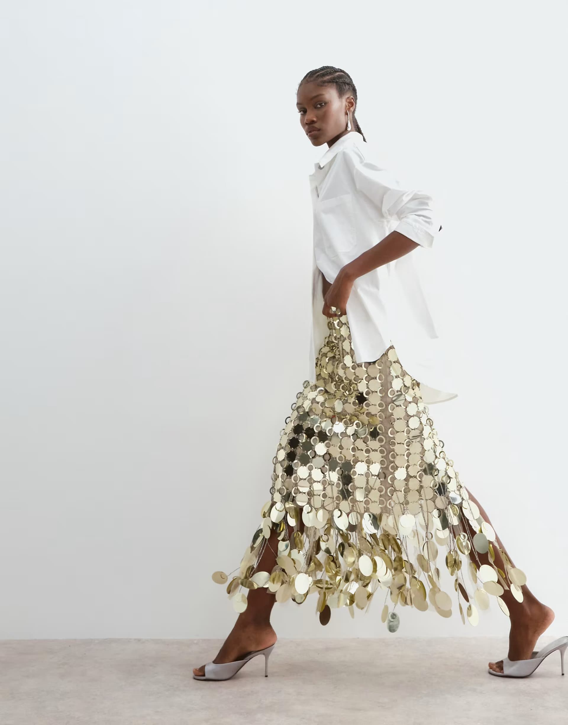 ASOS ARRANGE futurist sequin fringe hem midi skirt in gold