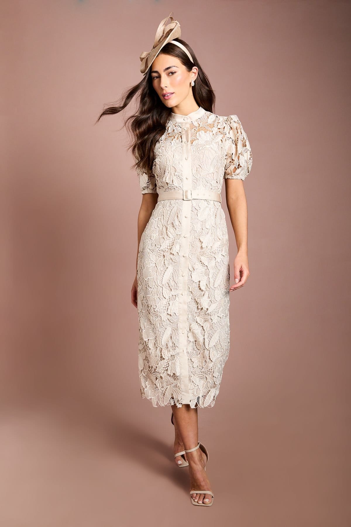 Coast Champagne Satin Lace Puff Sleeve Midi Dress