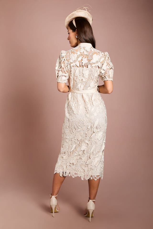 Coast Coast Women's Satin Lace Puff Sleeve Midi Dress in Champagne - 3