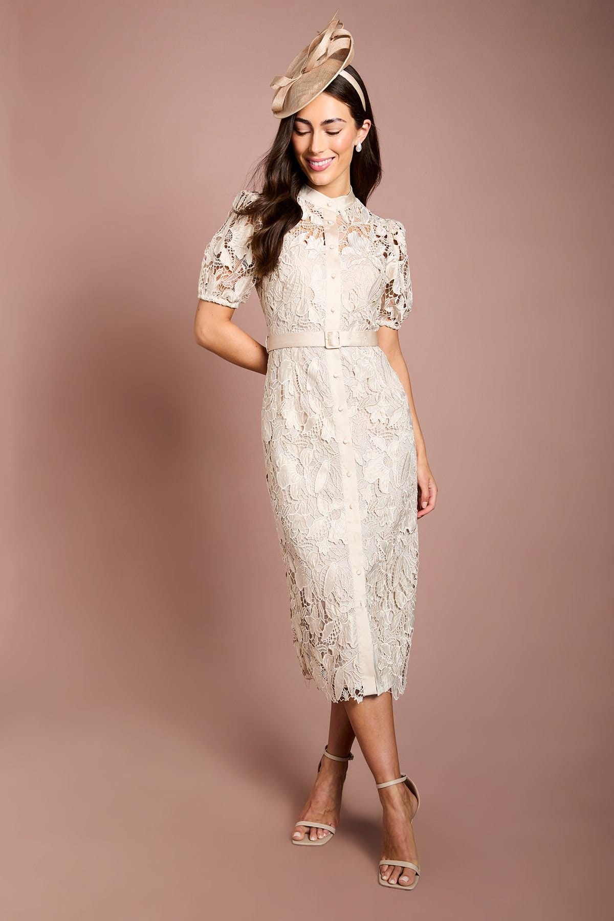 Coast Coast Women's Satin Lace Puff Sleeve Midi Dress in Champagne - 4