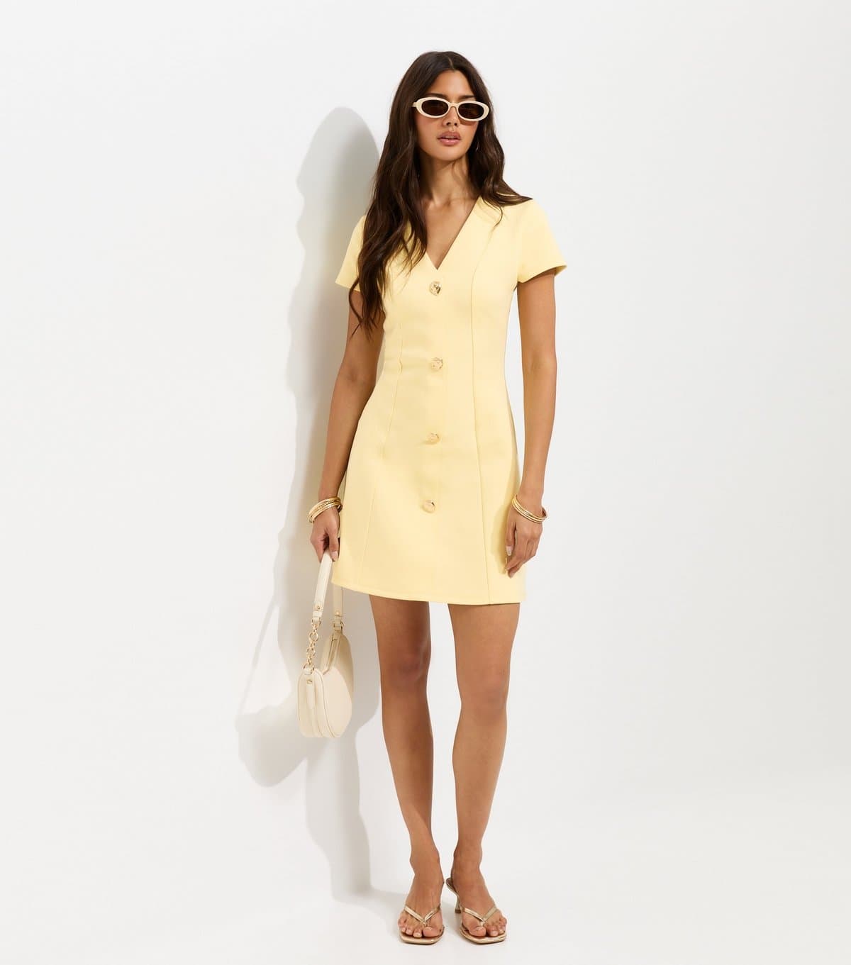 New Look Women's Light Yellow Cotton Rich Golden Button Ponte Mini Dress New Look