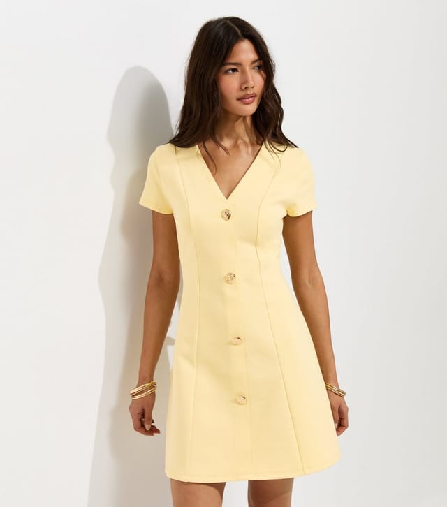 New Look Women's Light Yellow Cotton Rich Golden Button Ponte Mini Dress New Look - 3