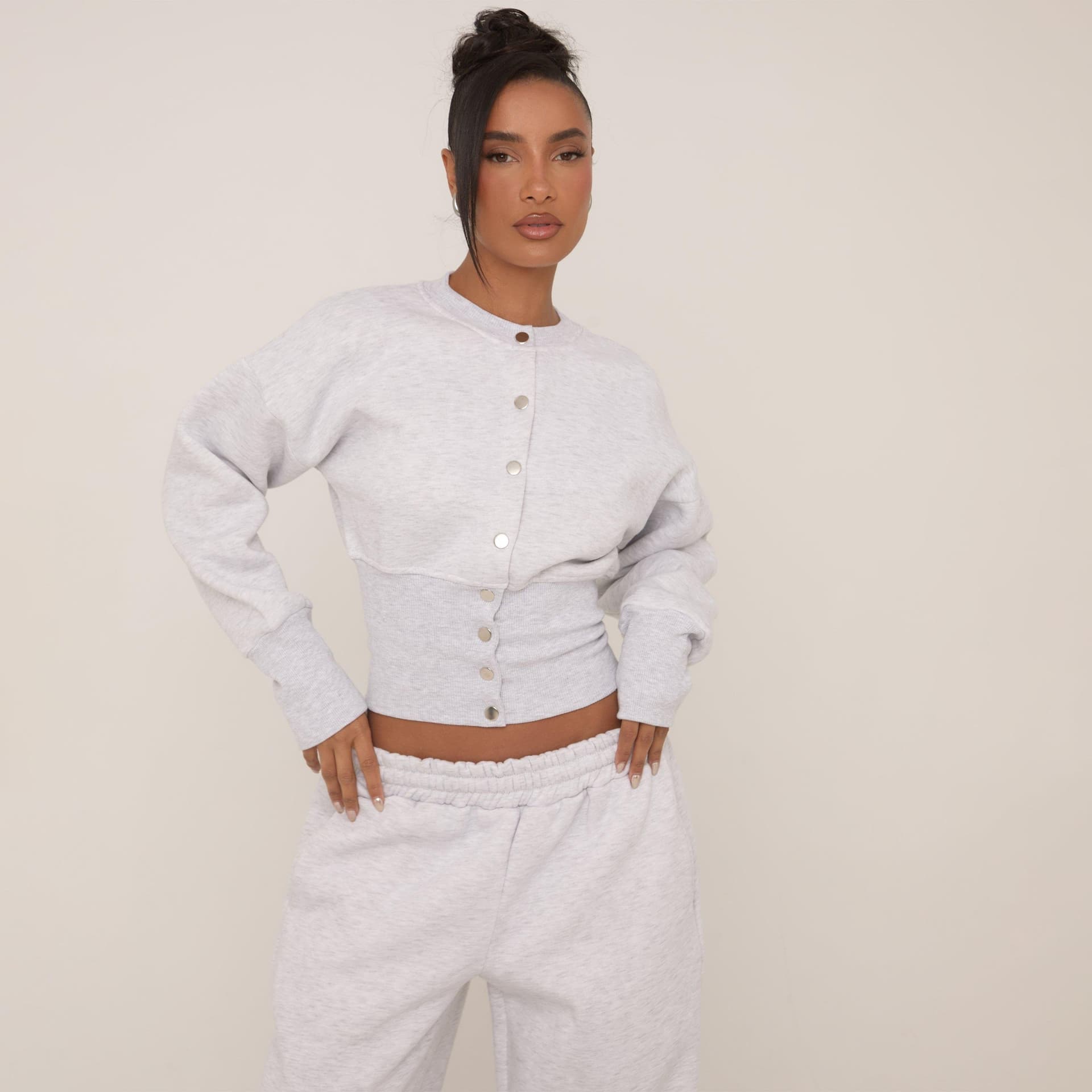 EGO Long Sleeve Popper Front Detail Cinched Waist Sweatshirt In Grey Marl, Women's Size UK 6