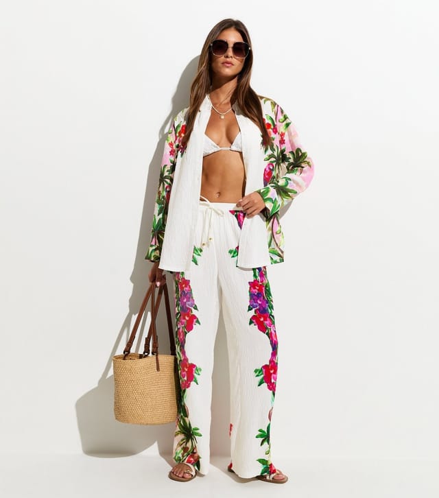 New Look Women's White Crinkle Texture Oversized Parrot Print Beach Shirt New Look - 3