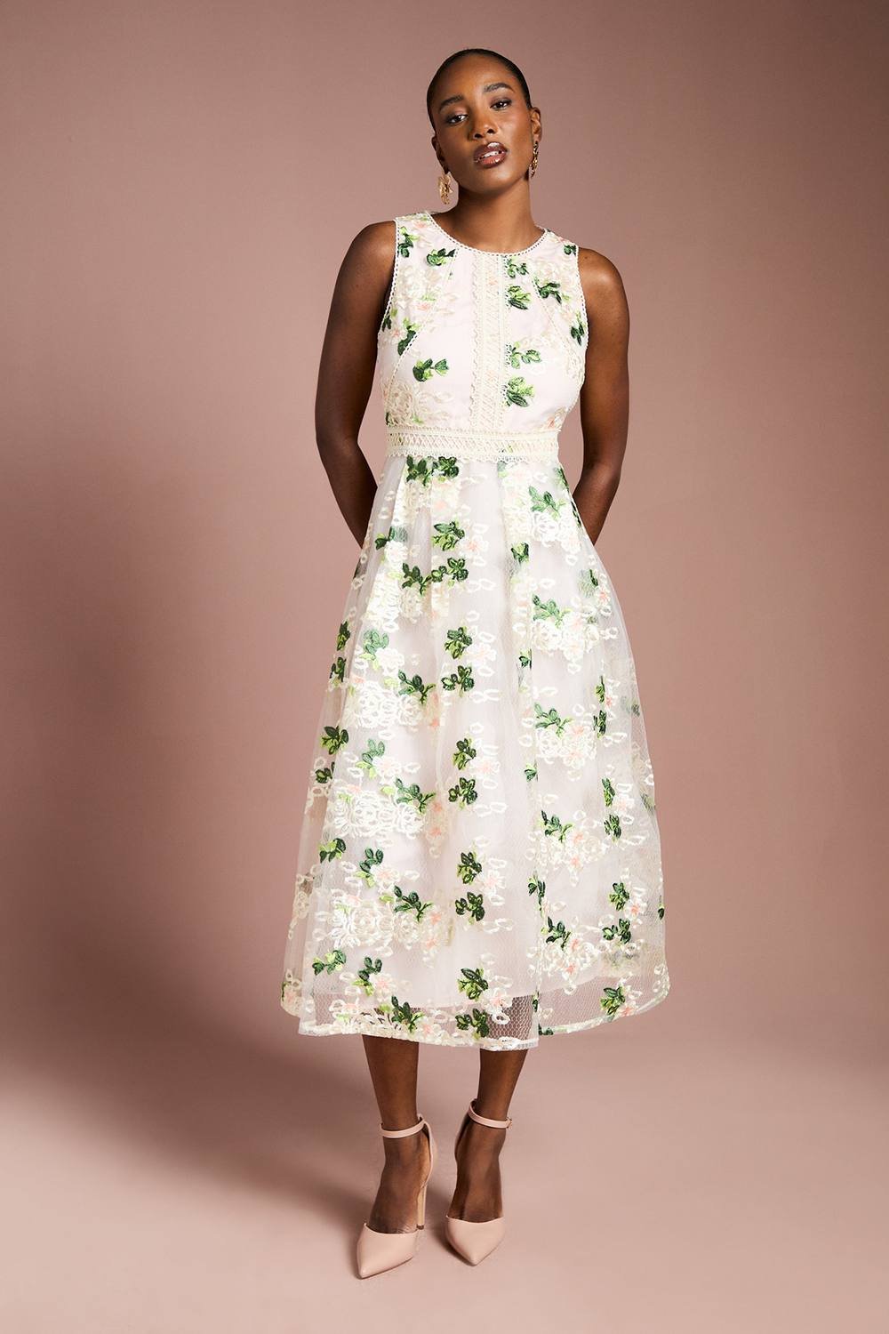 Coast Coast Women's Embroidered Mesh Lace Trim Full Skirted Midi Dress in Blush - 2