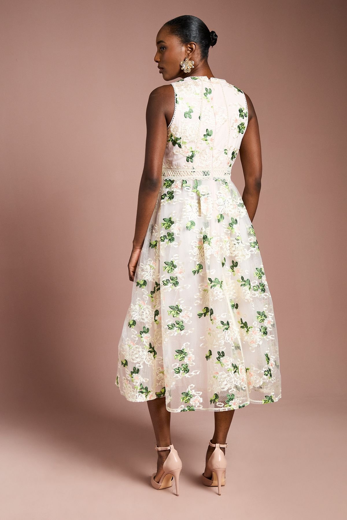 Coast Coast Women's Embroidered Mesh Lace Trim Full Skirted Midi Dress in Blush - 3