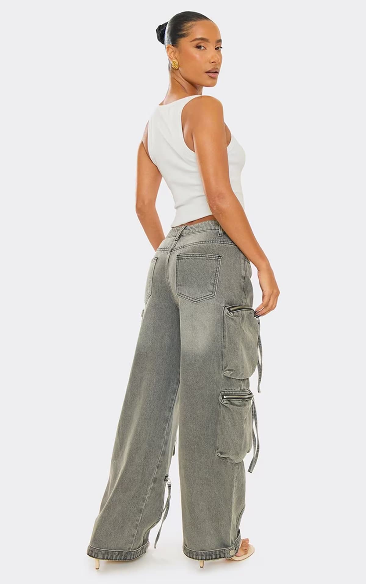 EGO Low Rise Zip Pocket Detail Cargo Wide Leg Jeans In Grey Wash Denim, Women's Size UK 6