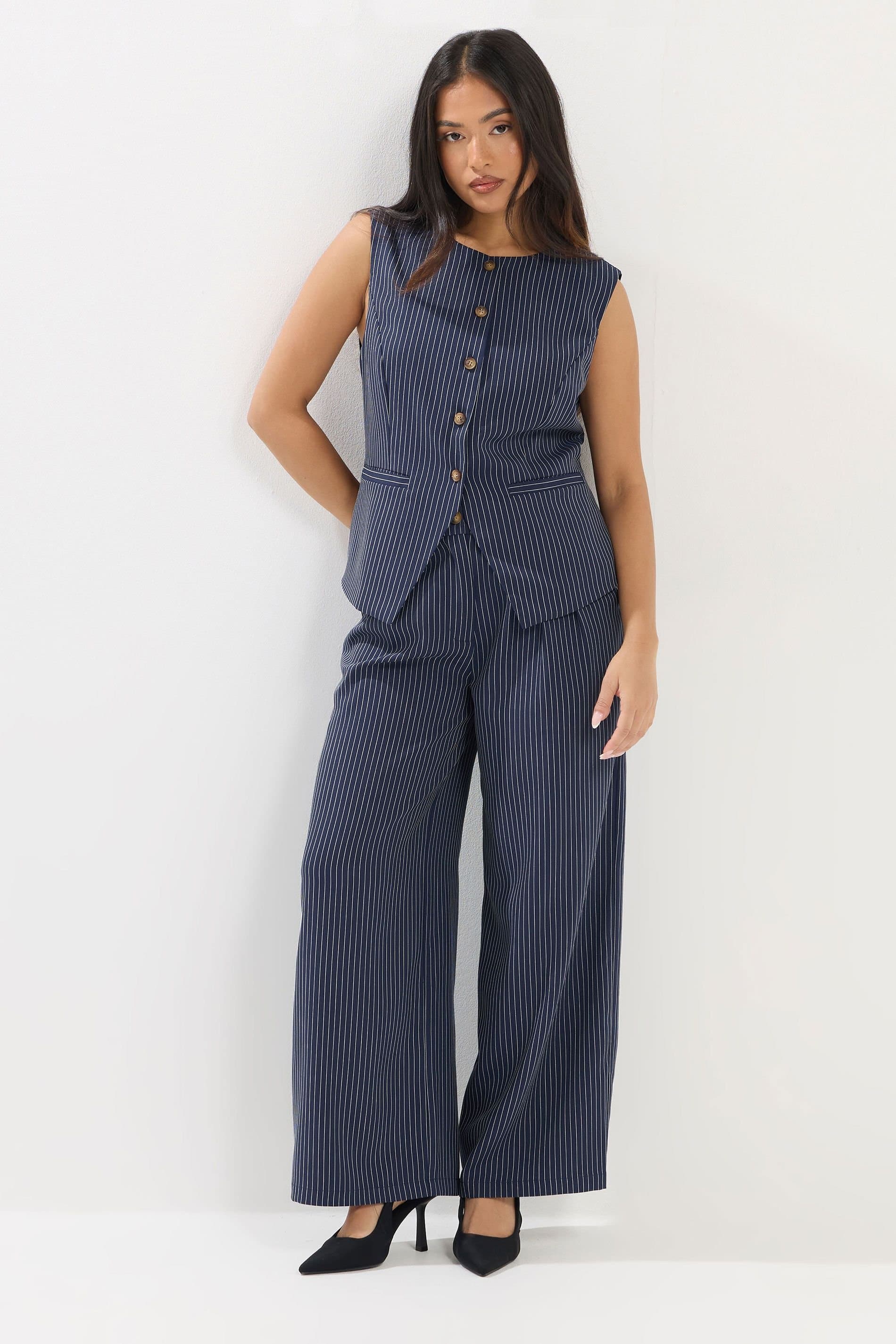 PixieGirl PixieGirl Women's Petite Waistcoat & Wide Leg Trousers Set in Mid Navy