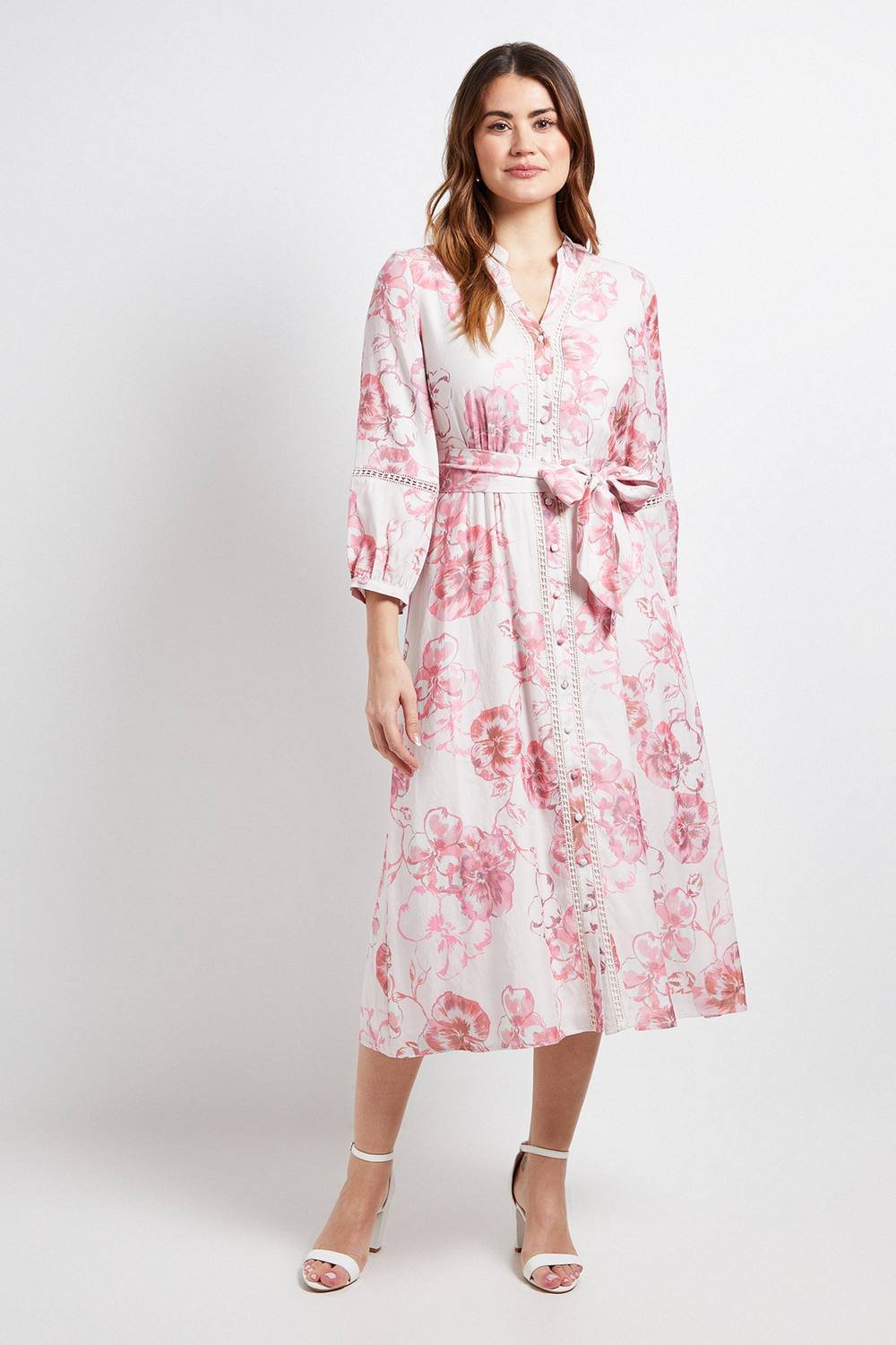 Wallis Wallis Women's Floral Lace Insert Collarless Shirt Dress in Pink - 2