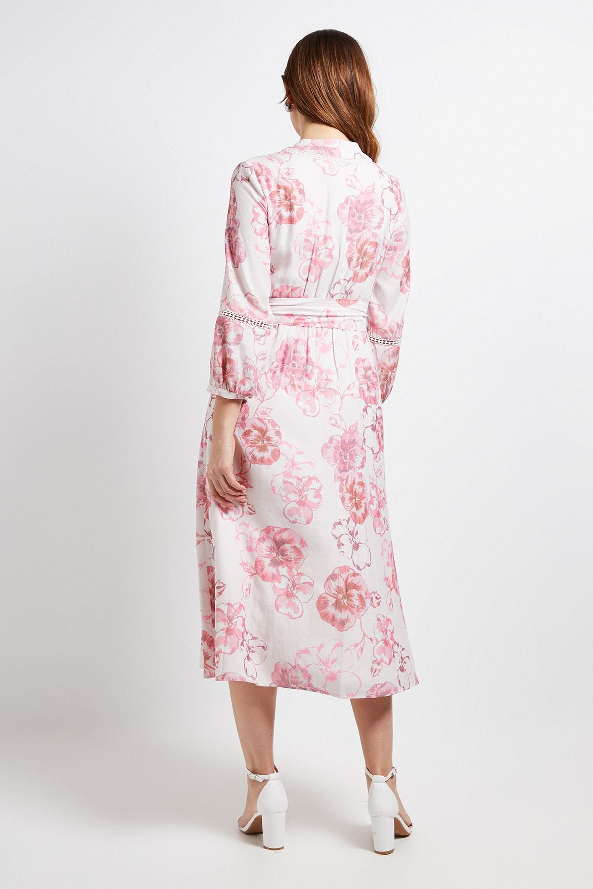 Wallis Wallis Women's Floral Lace Insert Collarless Shirt Dress in Pink - 3