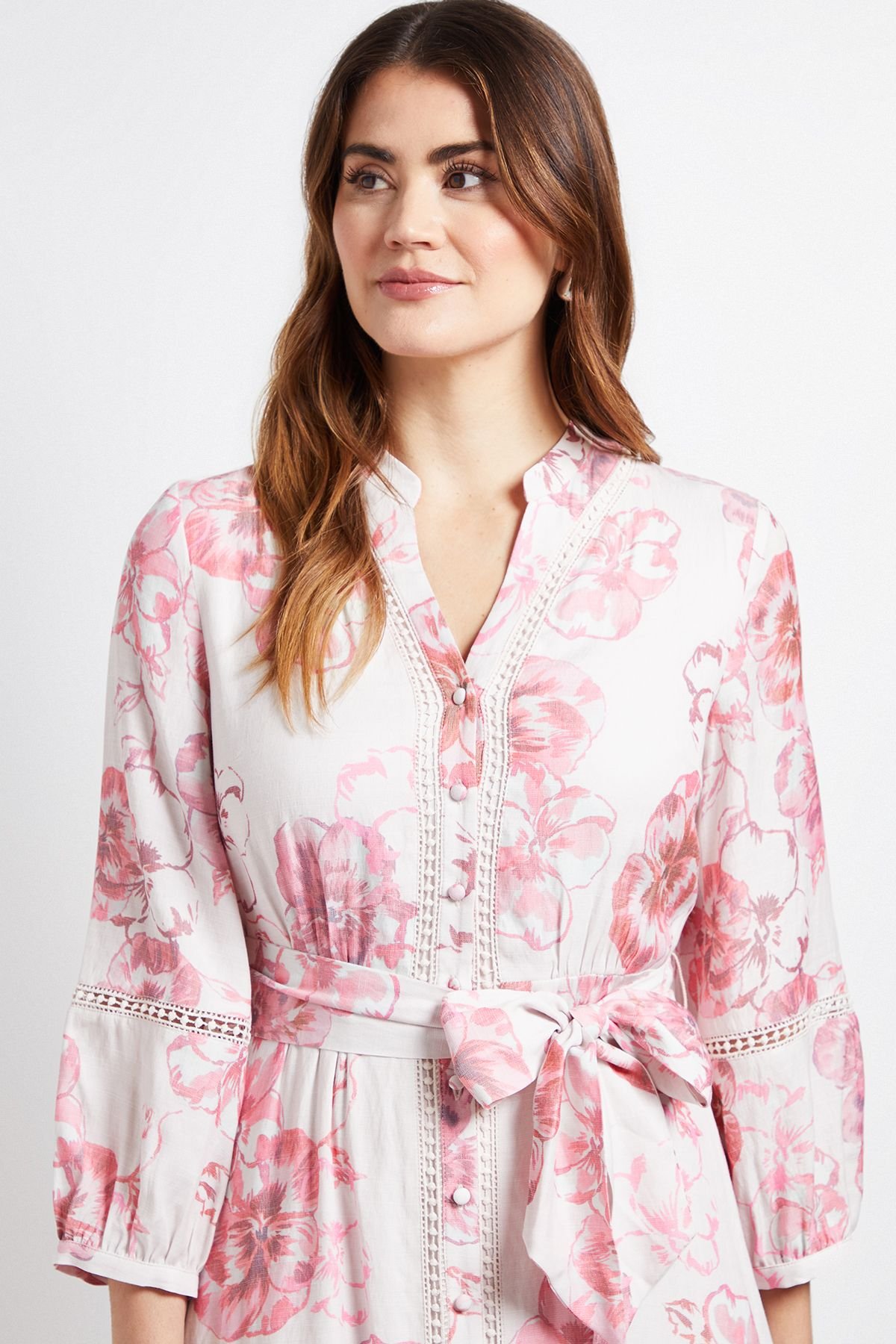 Wallis Wallis Women's Floral Lace Insert Collarless Shirt Dress in Pink - 4