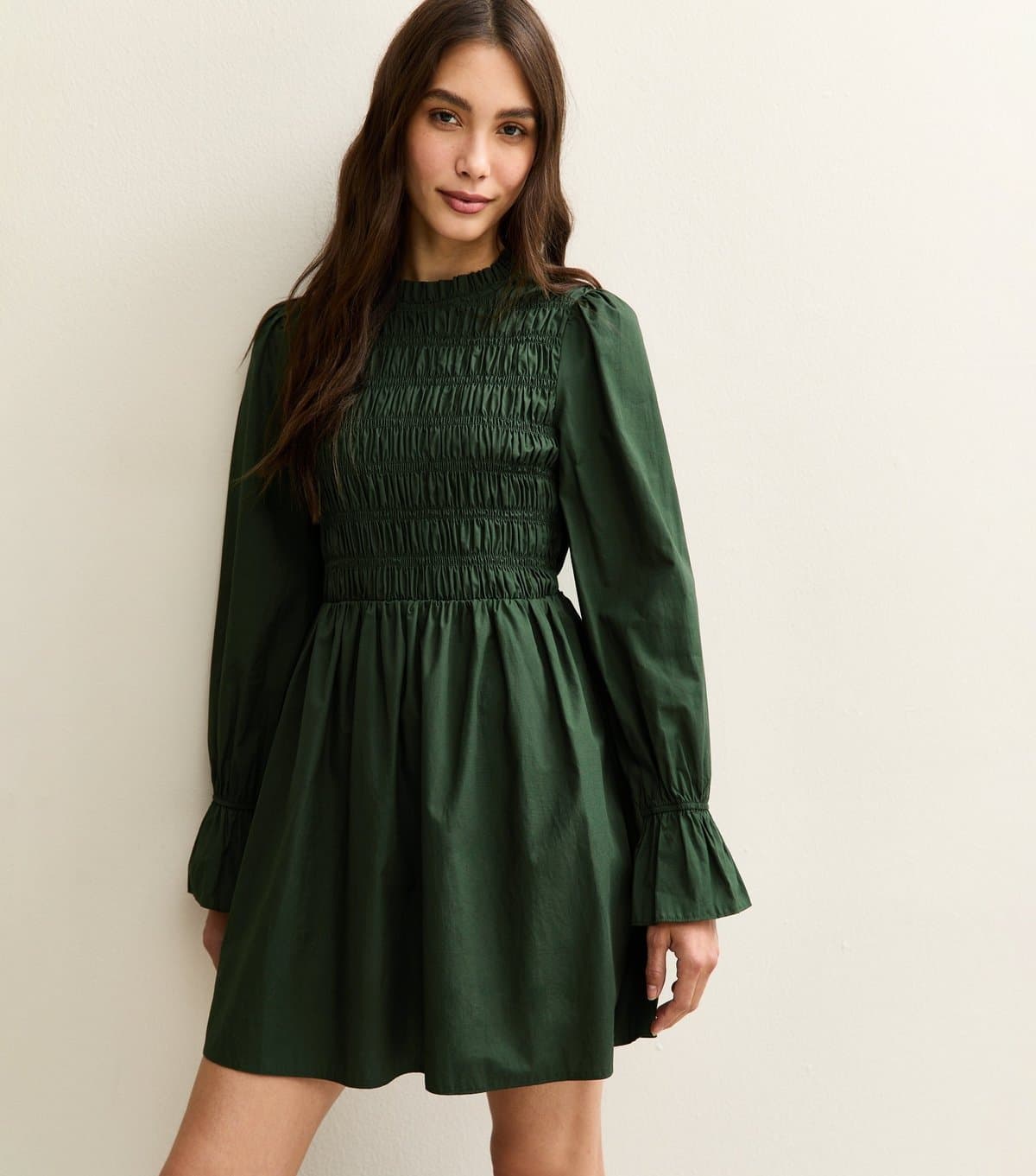 New Look Women's Dark Green Shirred Bodice Long Sleeve A-line Mini Dress New Look