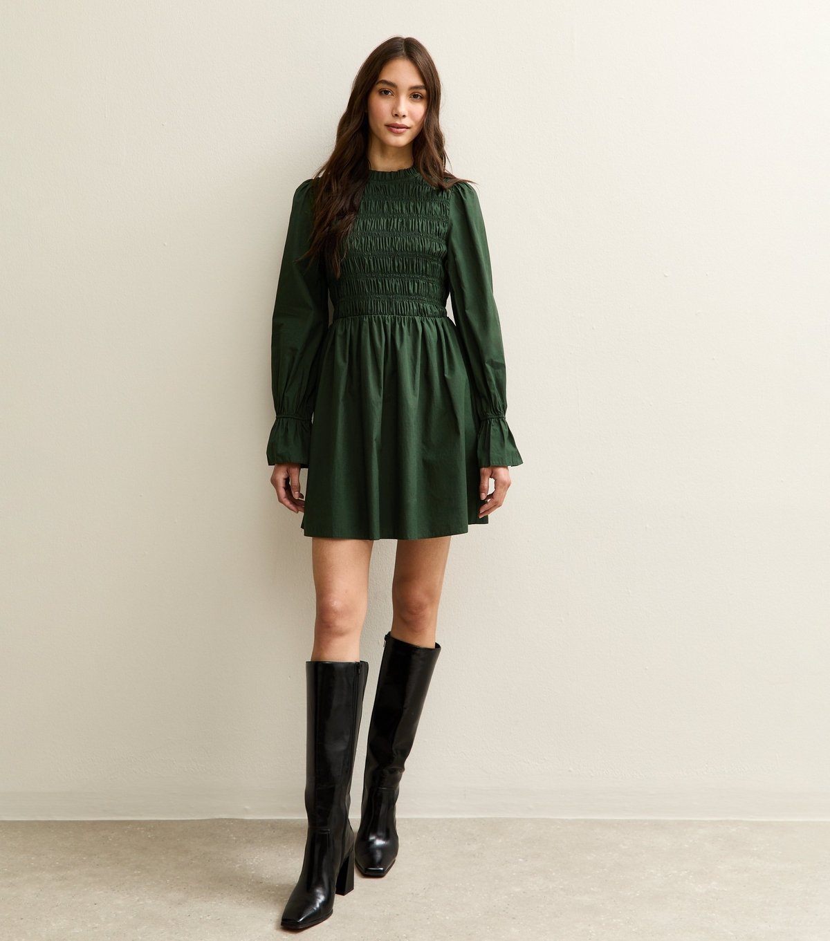 New Look Women's Dark Green Shirred Bodice Long Sleeve A-line Mini Dress New Look - 2