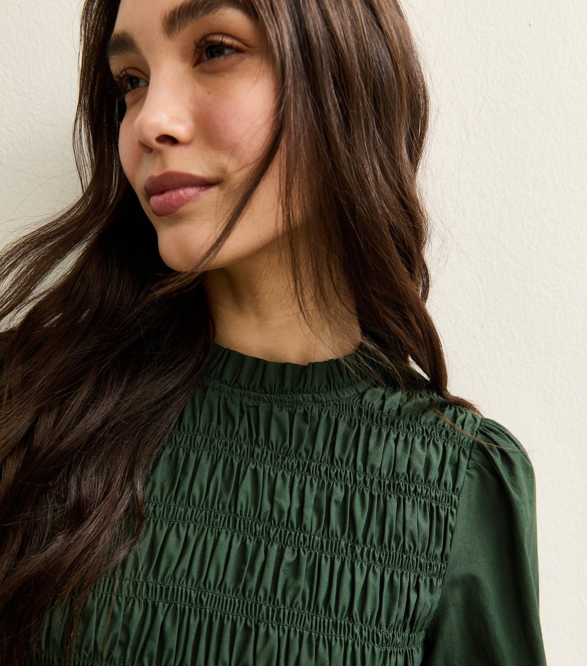 New Look Women's Dark Green Shirred Bodice Long Sleeve A-line Mini Dress New Look - 3