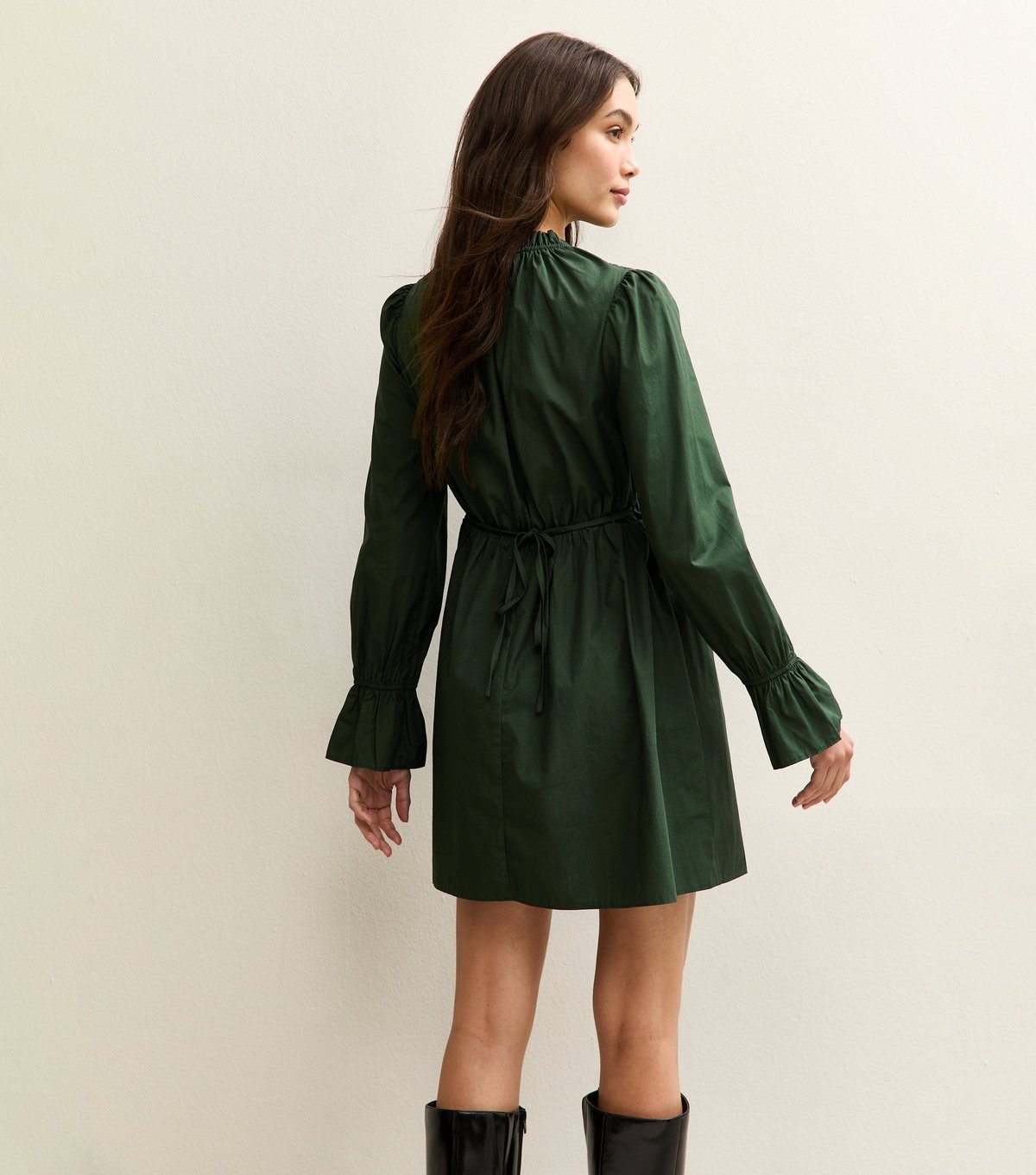 New Look Women's Dark Green Shirred Bodice Long Sleeve A-line Mini Dress New Look - 4