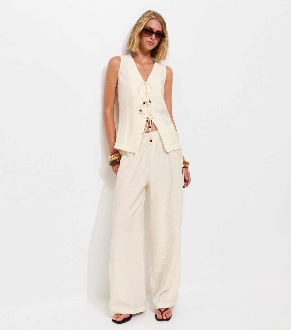New Look Women's Off White Beaded Tie Wide Leg Trousers New Look - 2