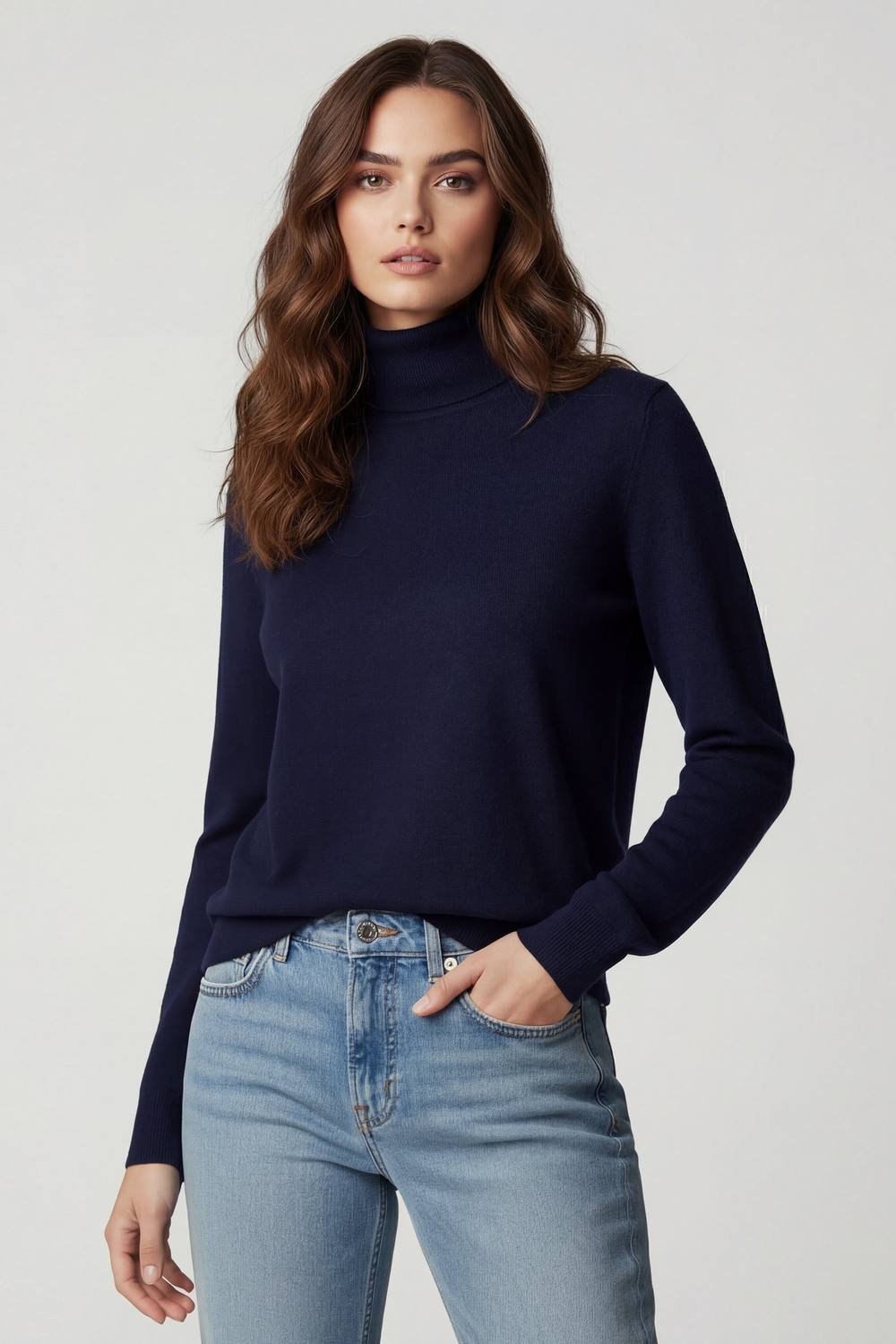 lands end Lands' End Women's Fine Gauge Cotton Roll Neck Jumper in Navy - 2