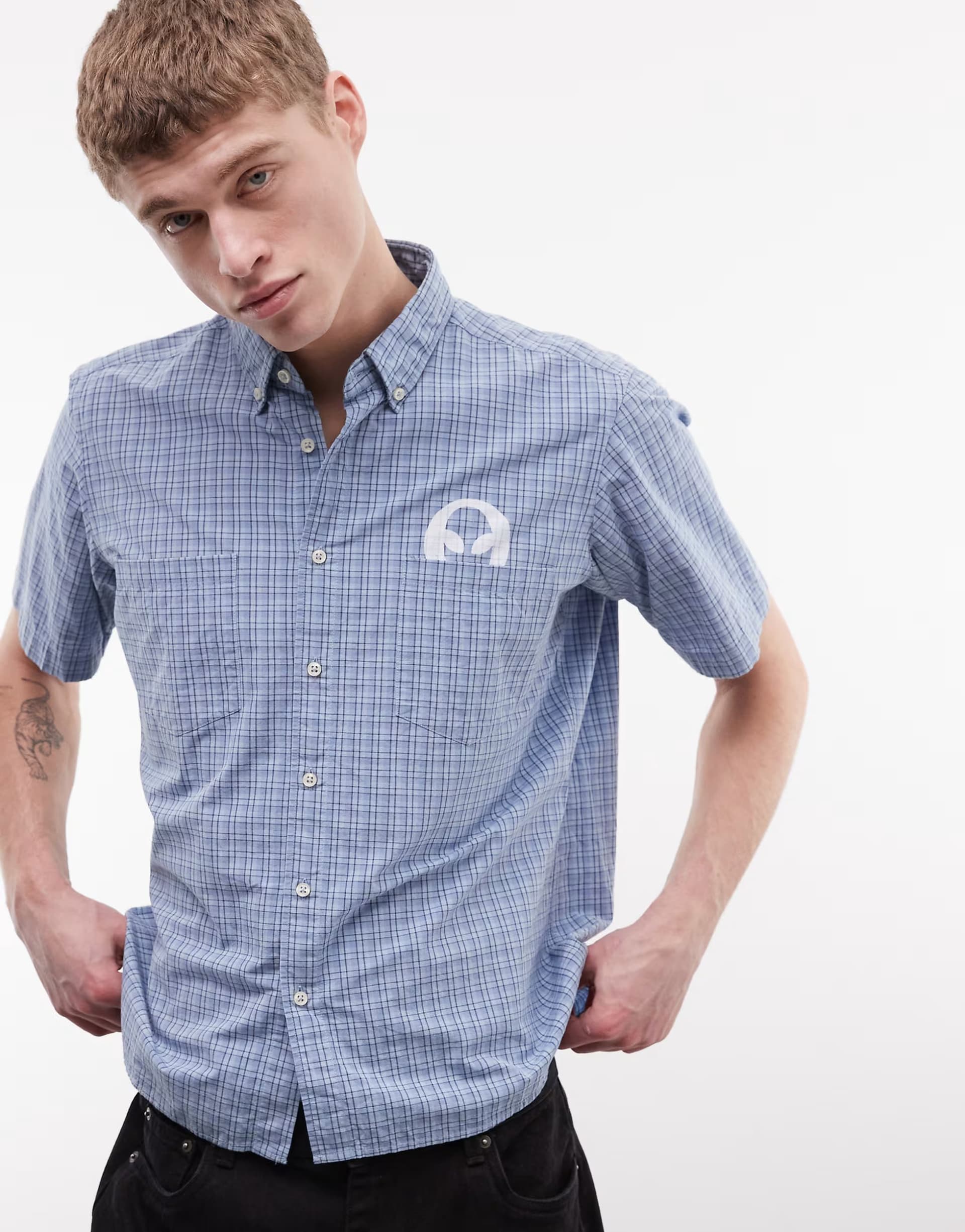 ASOS No Problemo 100% cotton shirt with alien logo in blue micro check