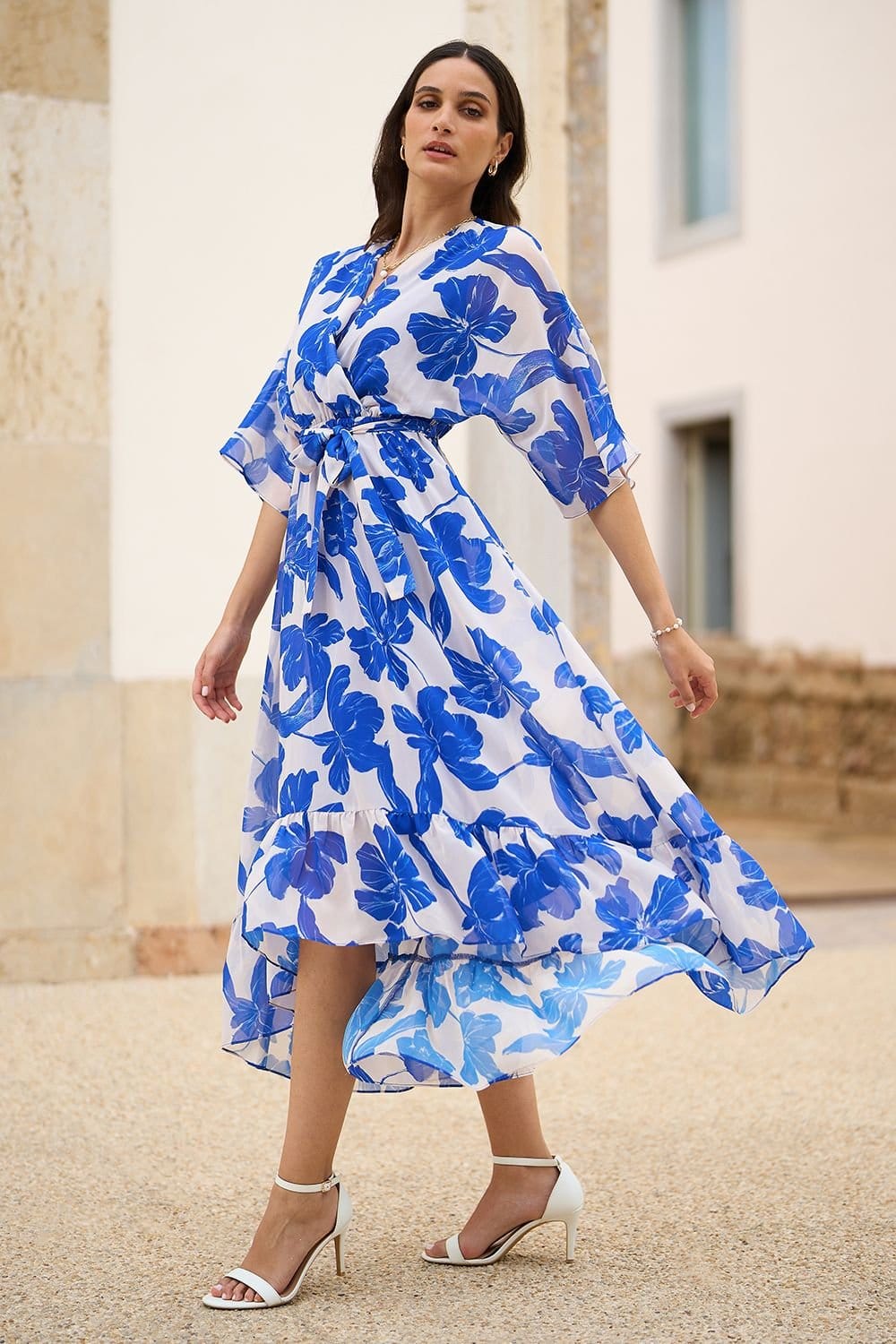 Yumi Navy Blue Floral Midi Wrap Dress