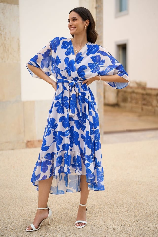 Yumi Yumi Women's Navy Kimono Sleeves Midi Dip Hem Wrap Midi Dress in Blue - 2