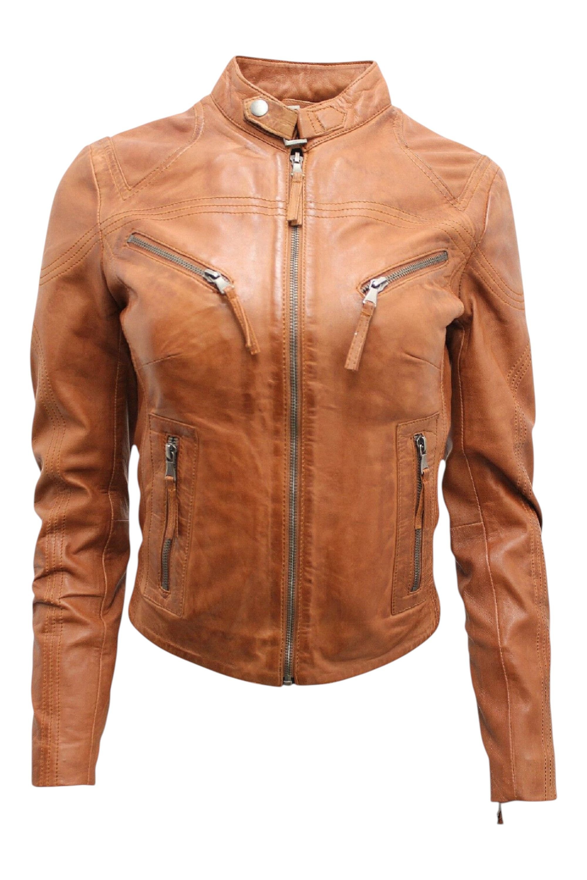 Infinity Leather Infinity Leather Women's Slim-Fit Leather Biker Jacket-Maldon in Brown - 2