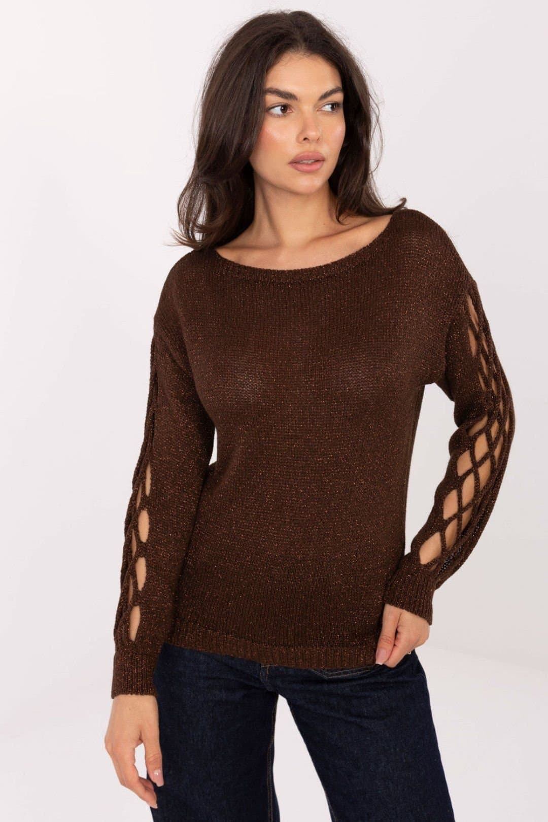 Love Lace Love Lace Women's Elegant Viscose Sweater with Metallic Yarn in Brown
