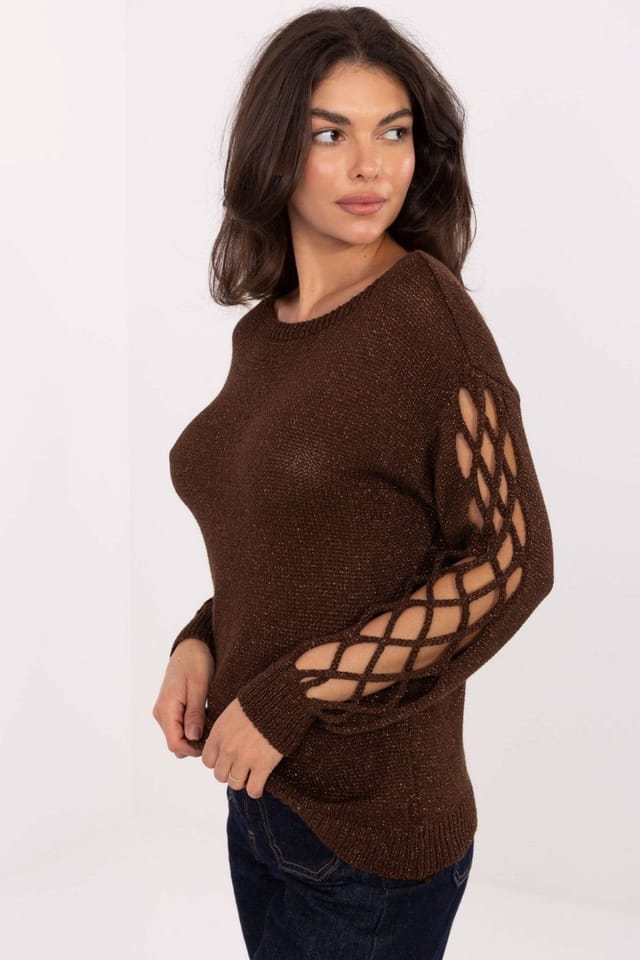 Love Lace Love Lace Women's Elegant Viscose Sweater with Metallic Yarn in Brown - 2
