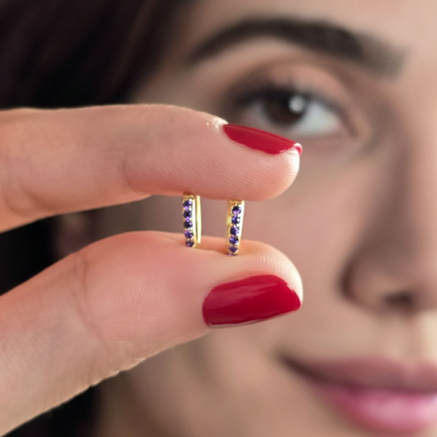 Harfi Harfi Women's Amethyst February Birthstone Small Huggie Hoop Earrings in Purple - 3