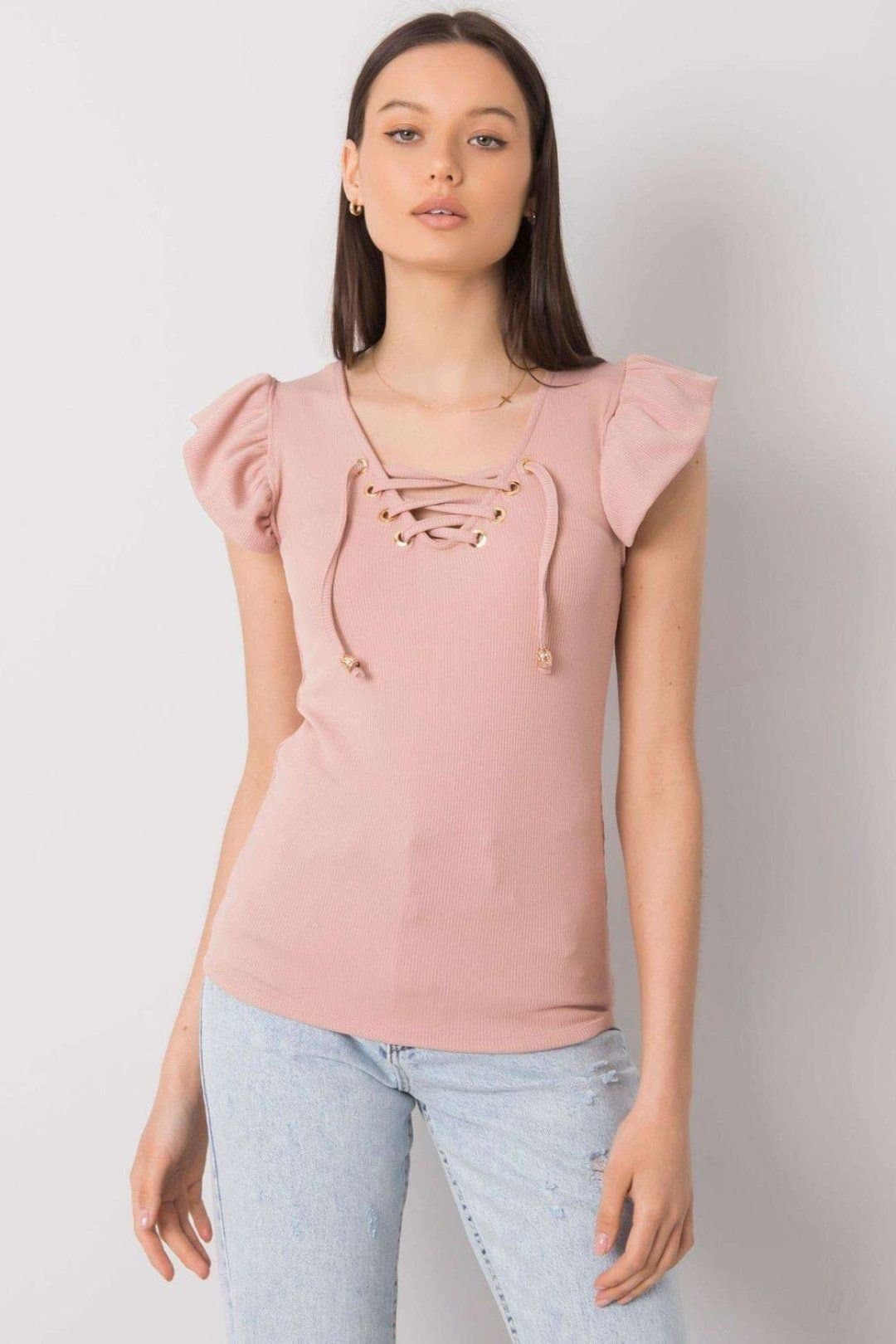 Love Lace Love Lace Women's Ribbed Short Sleeve Frill Trim Blouse in Pink