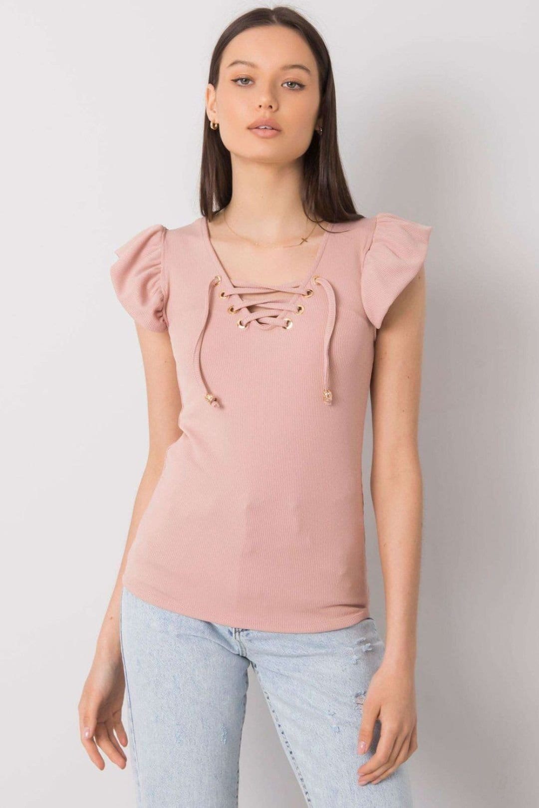 Love Lace Love Lace Women's Ribbed Short Sleeve Frill Trim Blouse in Pink - 1