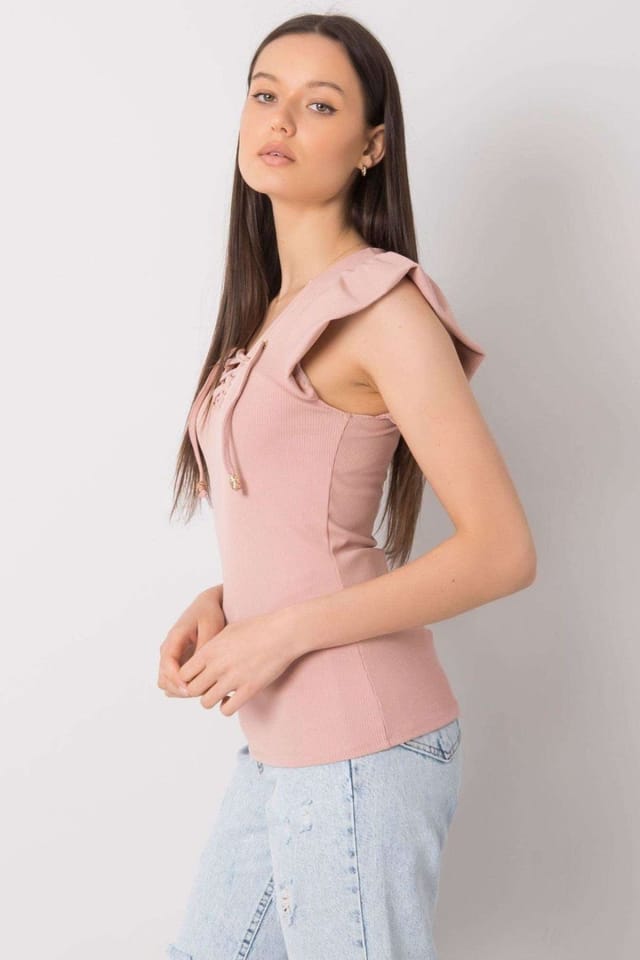 Love Lace Love Lace Women's Ribbed Short Sleeve Frill Trim Blouse in Pink - 2