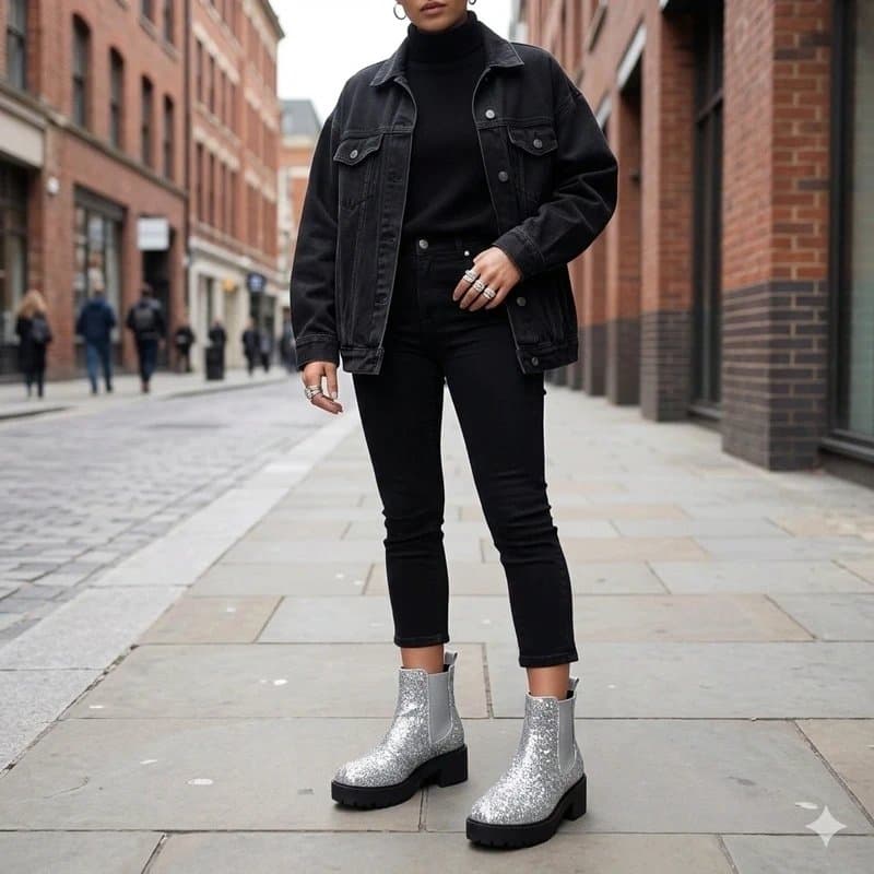 ASOS Asos UK 6 (US 8) Chelsea Boots Booties Silver Glitter Chunky Rugged Bottom Punk