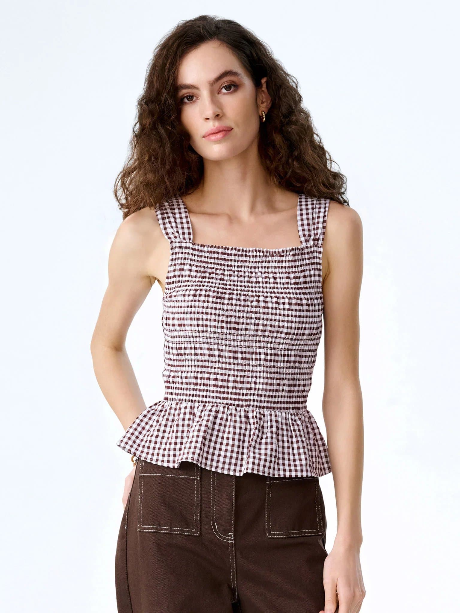 OMNES Rain Top in Chocolate/Cream Gingham