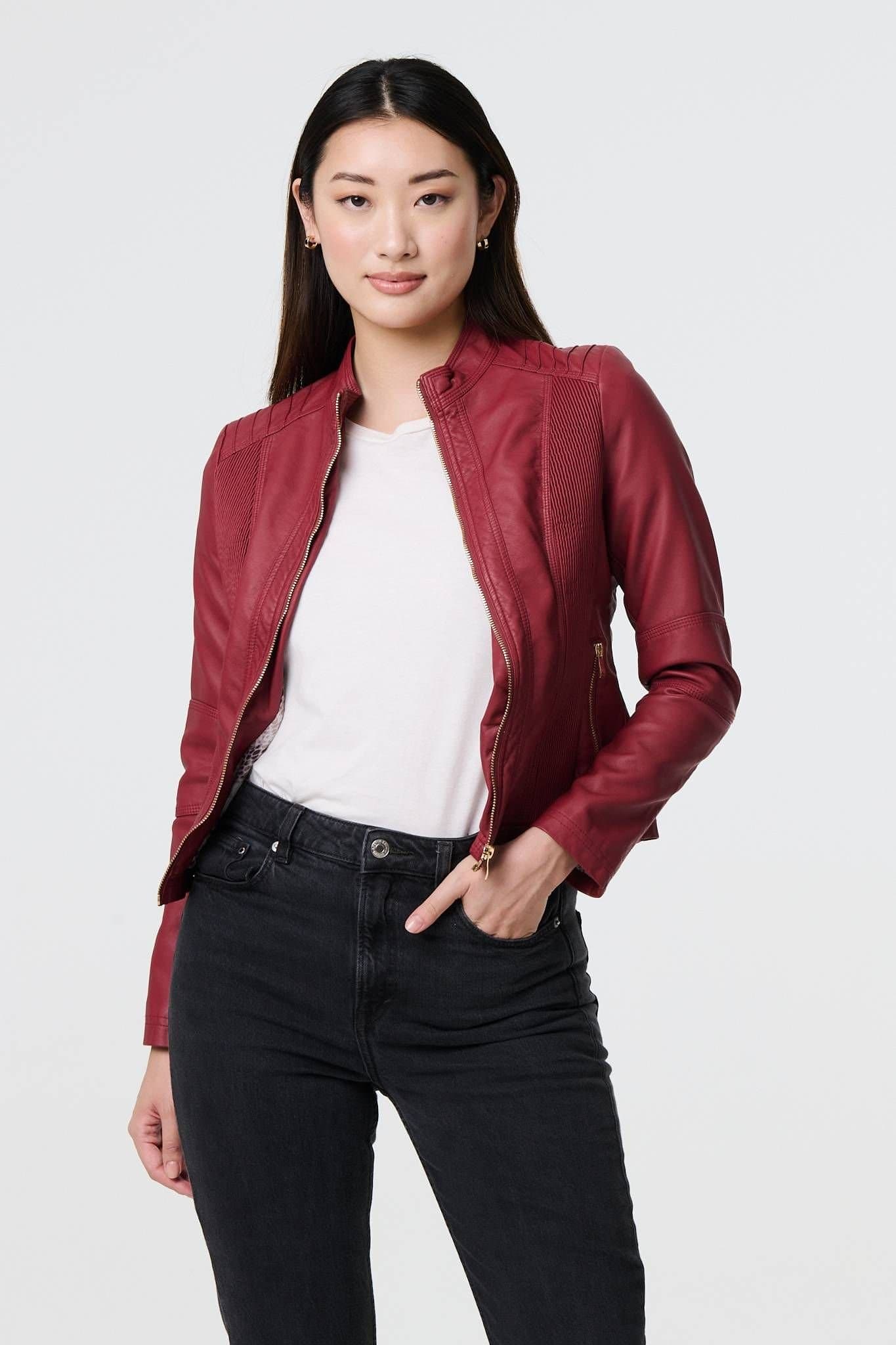 Izabel London Izabel London Women's Faux Leather Collarless Jacket in Red