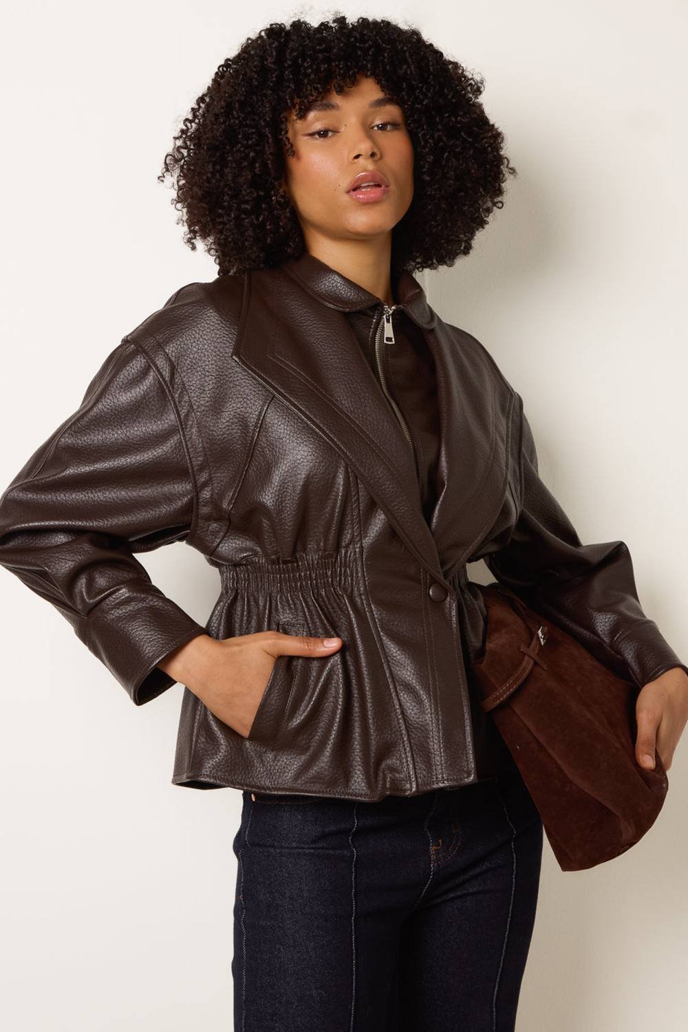 Blue Vanilla Blue Vanilla Women's Brown Collared Shirred Waist Faux Leather Jacket - 2