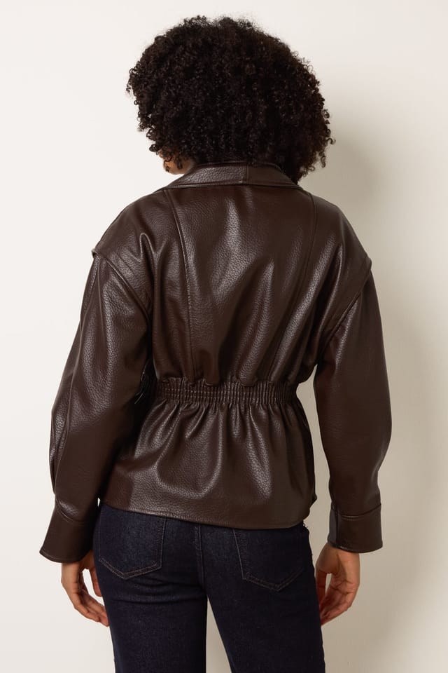 Blue Vanilla Blue Vanilla Women's Brown Collared Shirred Waist Faux Leather Jacket - 2