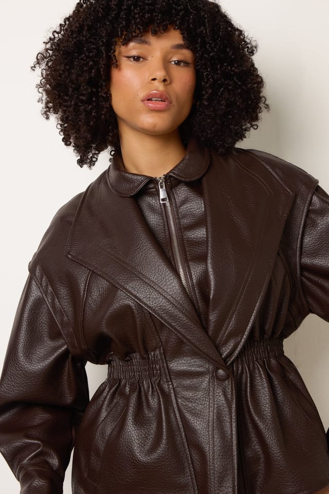 Blue Vanilla Blue Vanilla Women's Brown Collared Shirred Waist Faux Leather Jacket - 3
