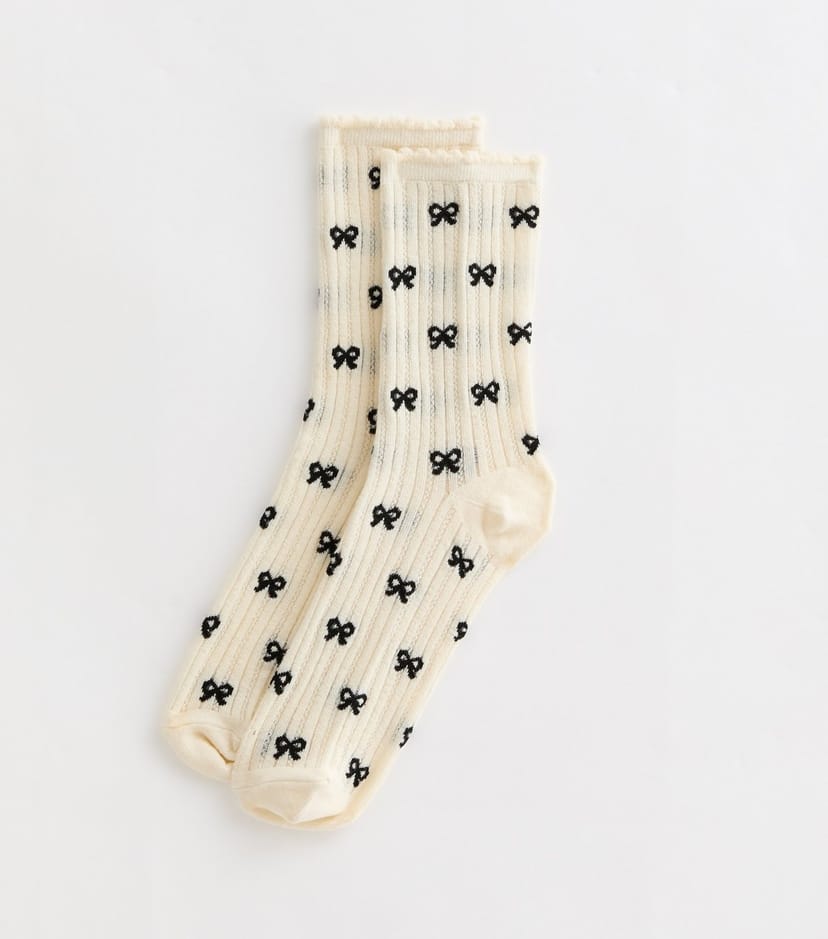 New Look Off White Bow Pattern Cotton Blend Socks New Look - 1