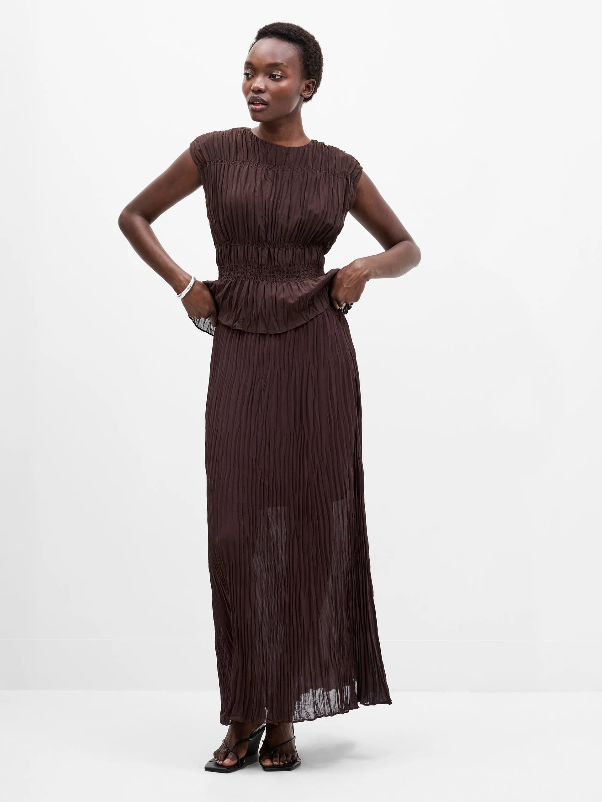 French Connection Saylor Pleated Overlay Maxi Skirt Bitter Chocolate