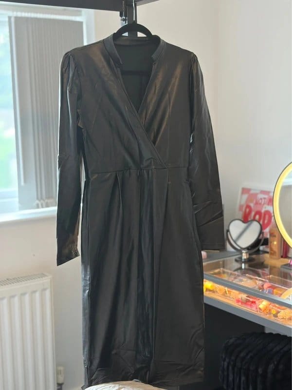 Black Faux Leather Wrap Front Midi Dress