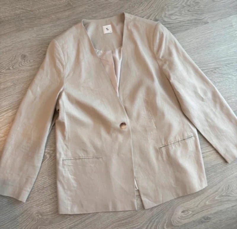 TU TU Beige Linen Blend Collarless Blazer Jacket UK 16 Smart Casual Office Minimalist Summer