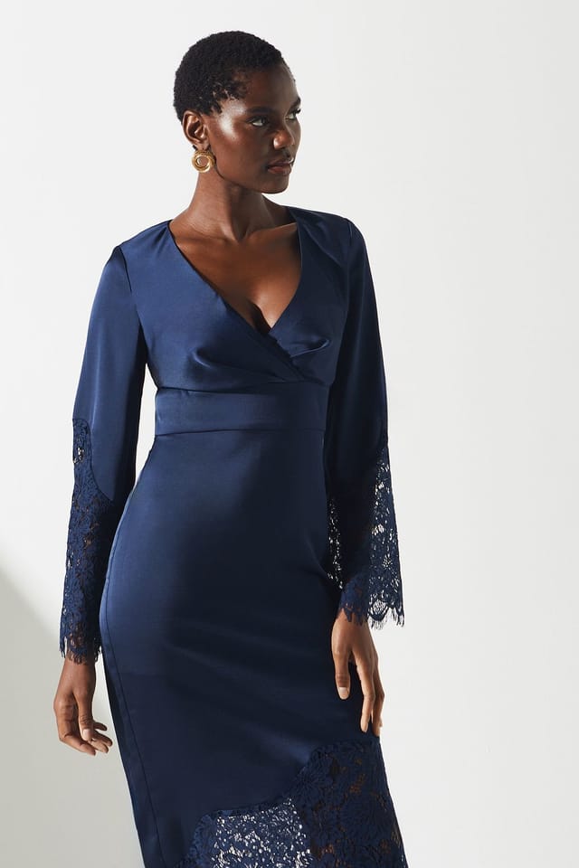 Coast Coast Women's Lace Panelled Satin Wrap Dress in Navy - 2