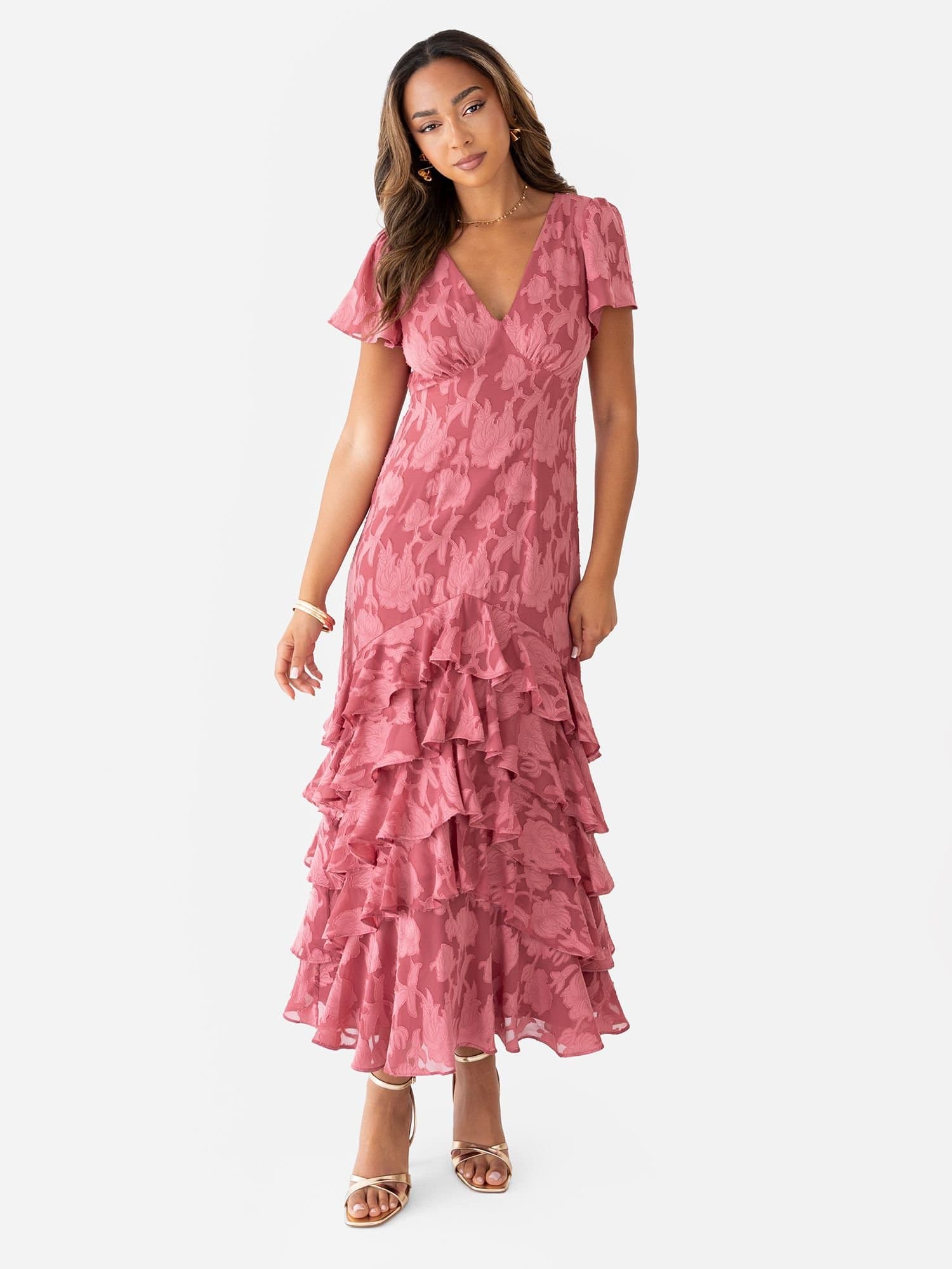 Anaya with Love Anaya with Love Women's V Neck Short Sleeve Ruffle Midaxi Dress in Dark Pink
