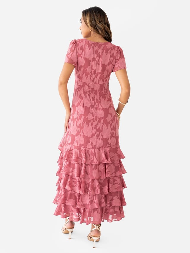 Anaya with Love Anaya with Love Women's V Neck Short Sleeve Ruffle Midaxi Dress in Dark Pink - 3