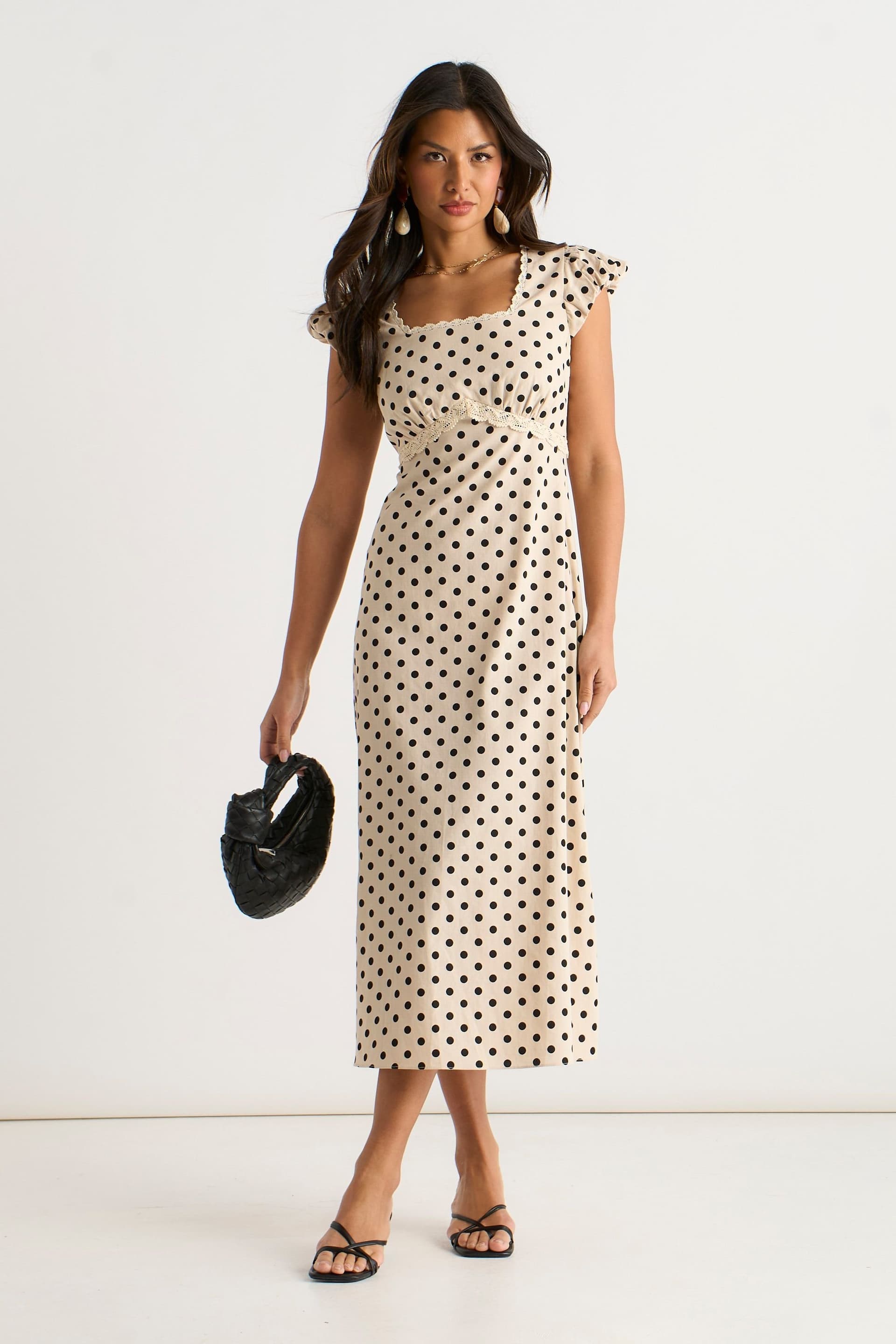 Gini London Gini London Women's Cream Cotton Spot Print Lace Trim Midi Dress