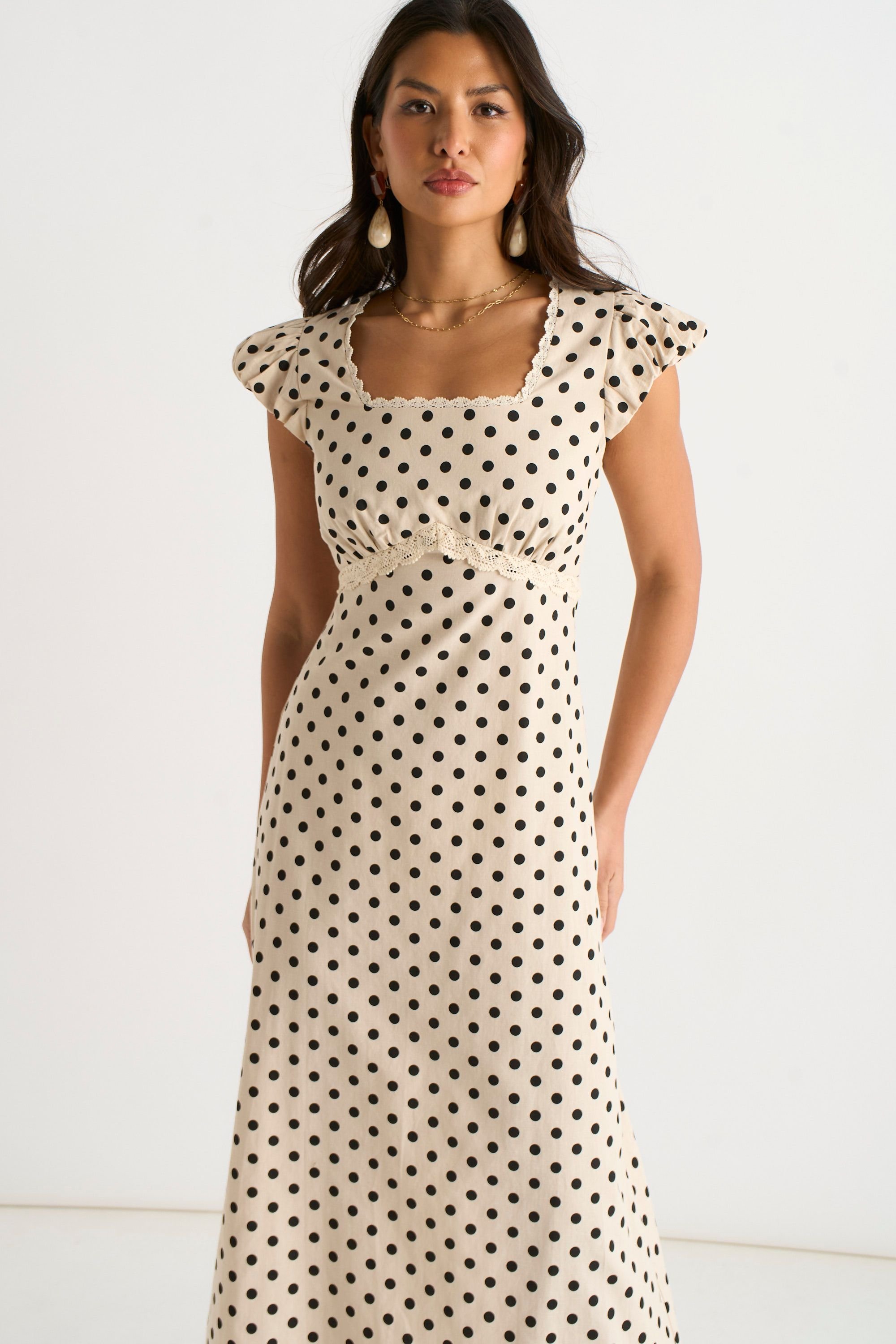 Gini London Gini London Women's Cream Cotton Spot Print Lace Trim Midi Dress - 2
