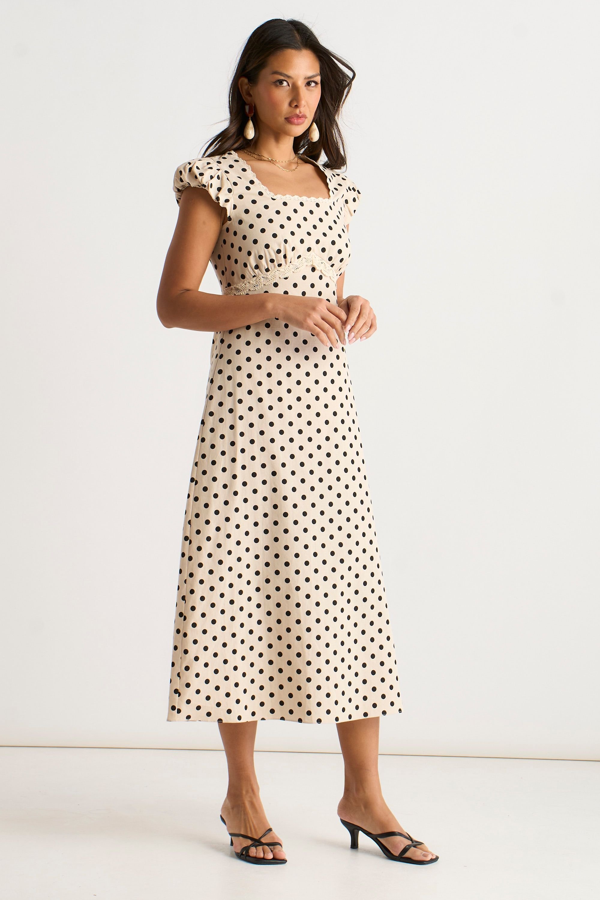 Gini London Gini London Women's Cream Cotton Spot Print Lace Trim Midi Dress - 3