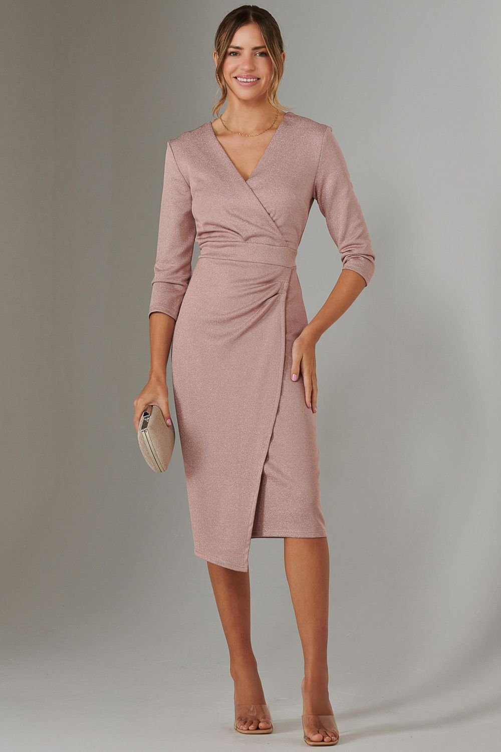 Jolie Moi Jolie Moi Women's Metallic Wrap Bodycon Dress in Pink - 3